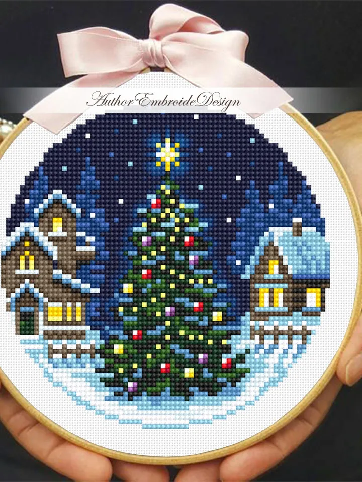 Christmas tree cross stitch pattern PDF download Winter landscape cross stitch chart, Christmas pattern digital PDF, Winter houses #N173