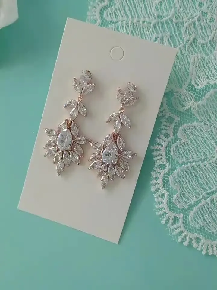 Swarovski Crystal Wedding Earrings Rose Gold Wedding Jewellery Gold Chandelier Earrings Art Deco CZ Wedding Earrings Vintage Bridal Earrings