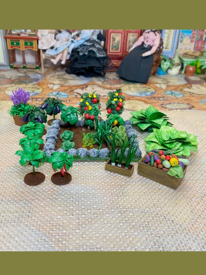 Garden accessories for dollhouse. Onions in a tray. Vegetables in a box. Dollhouse miniature.