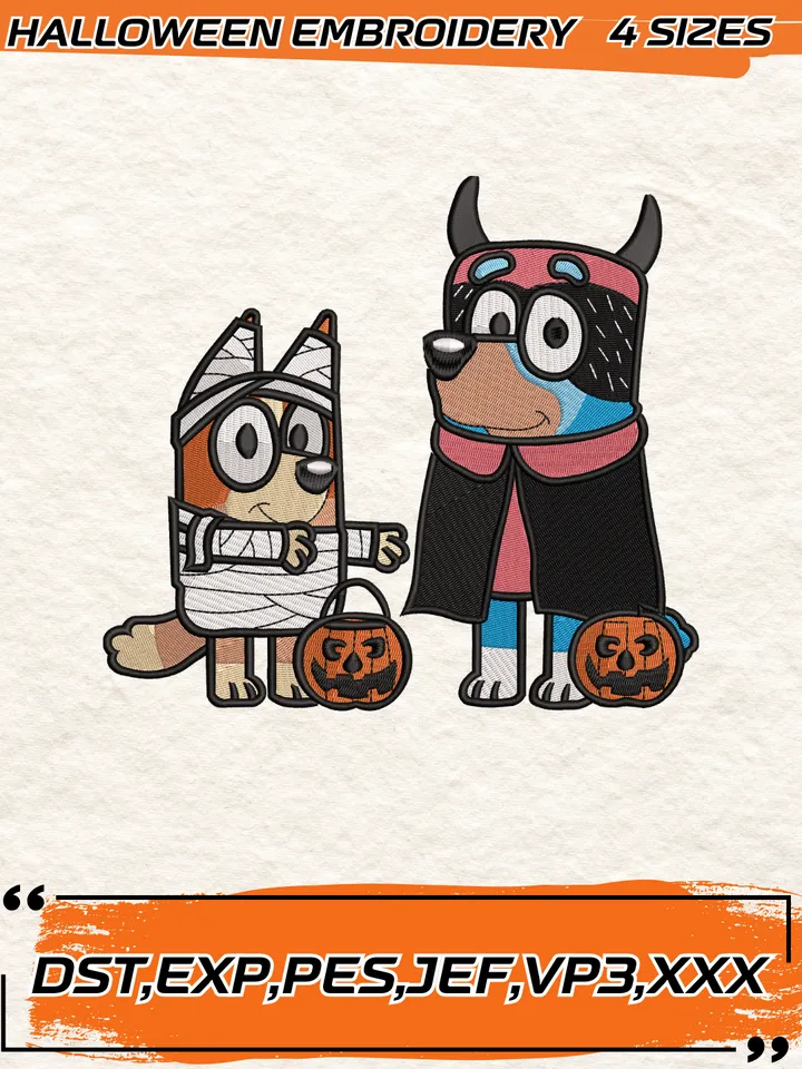 Bluey and Bingo Horror Vampire Embroidery Design,Halloween Embroidery Design,4 Sizes, Digital Download