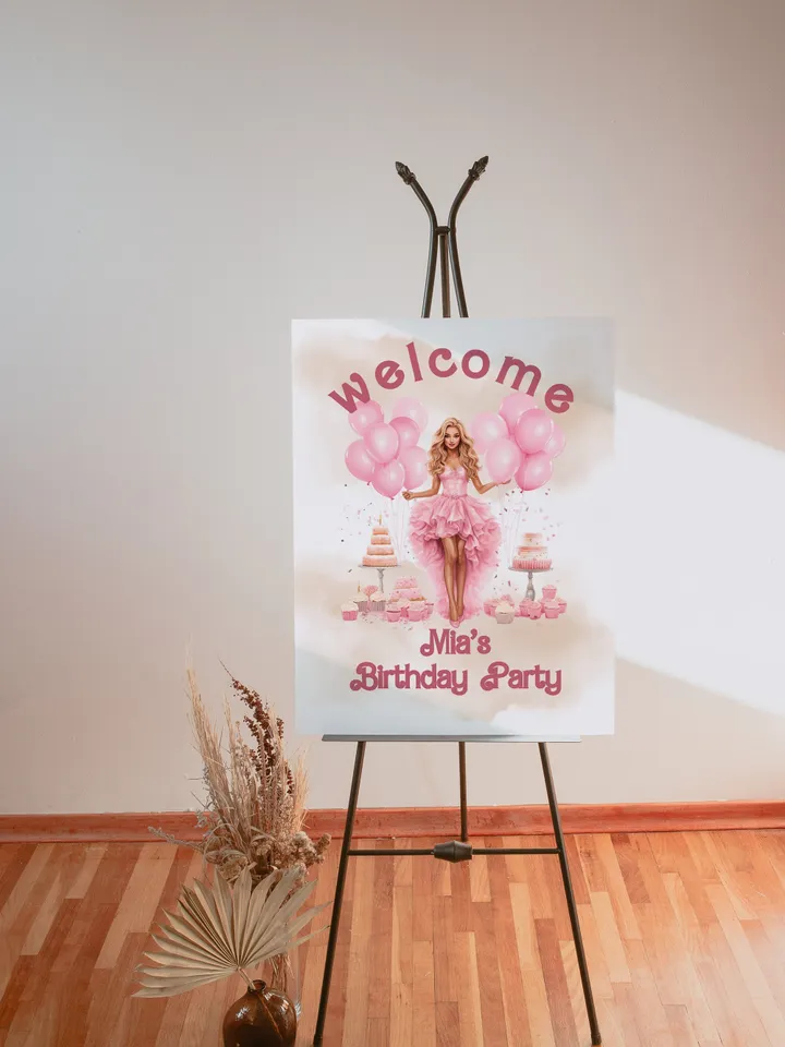 Welcome banner editable template hot pink doll birthday party template bar12