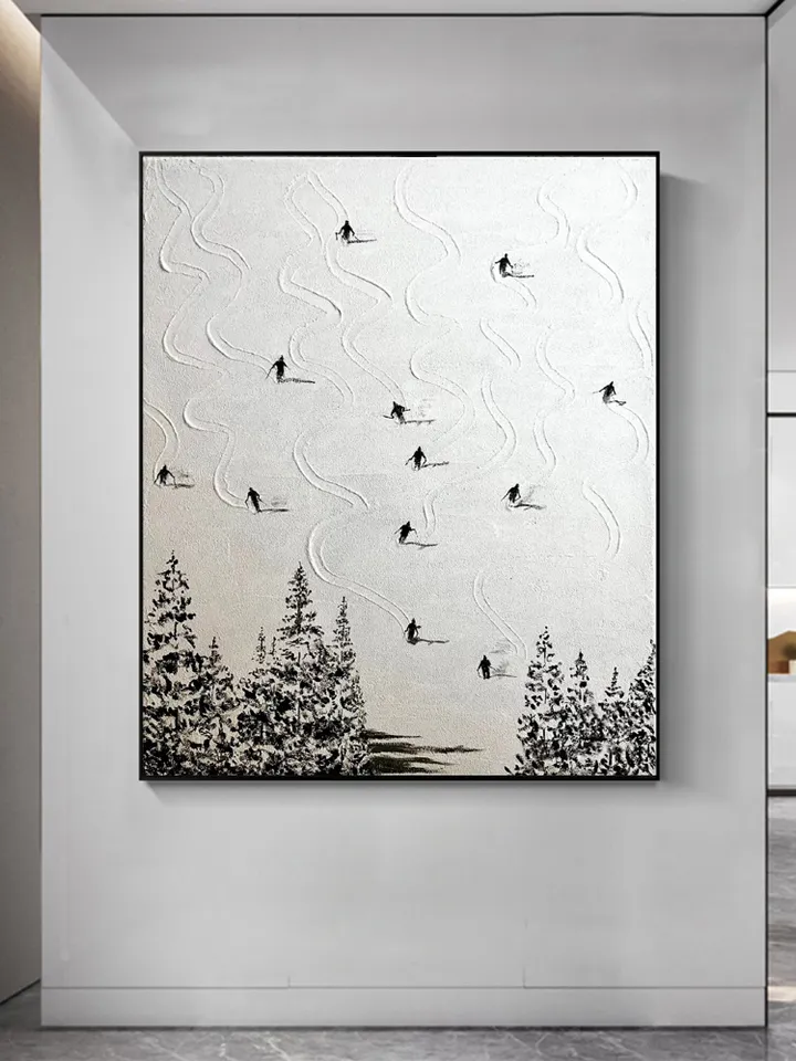 Original Ski Sport Painting on Canvas, Winter Decor, Texture Wall Art, Personalized Gift, Skier on Snowy Mountain Art, White Snow Skiing Art