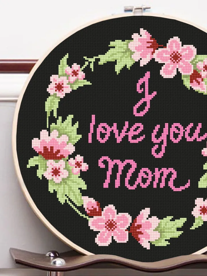 I love you mom cross stitch pattern download PDF Floral wreath cross stitch chart, Floral pattern digital PDF Framed quote cross stitch #Q49