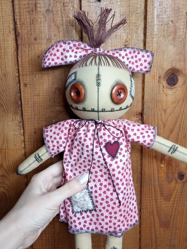 Handmade Doll With Button Eyes (Pink Hearts)