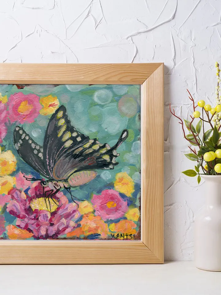 Painting flowers with a butterfly naif art bokeh
