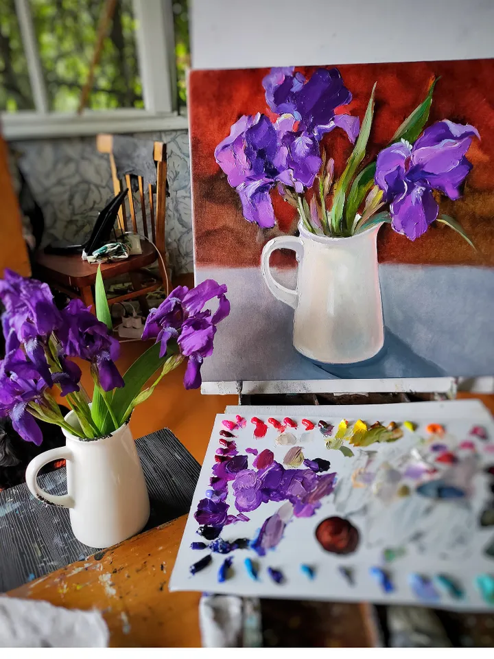 Oil Painting Bouquet of Flowers Irises Original Painting on Canvas Wall Art Impasto Painting Purple Flowers 16 x 16 inches Artist Natalia