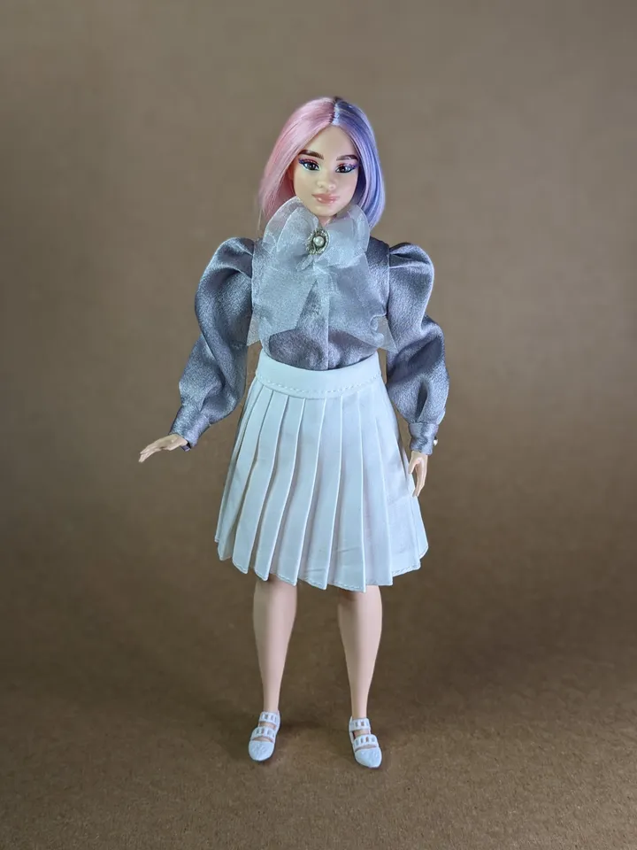 Handmade silk gray bow blouse for 1/6 scale fashion female dolls
