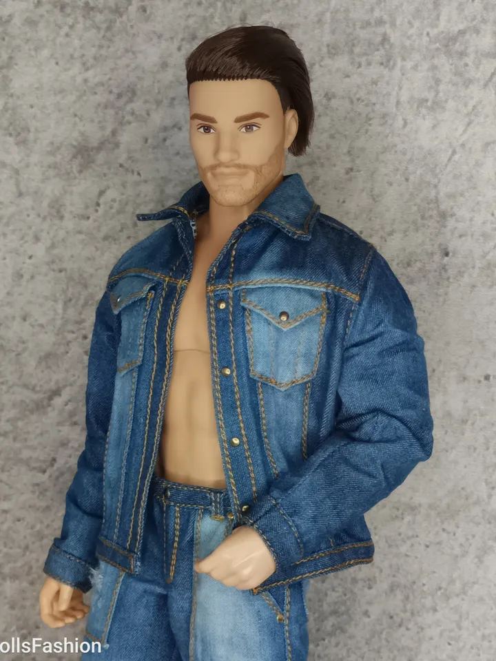 Ken's Distressed Denim Jacket and Cargo Jeans with Large Patch Pockets (for Ken with an athletic body)