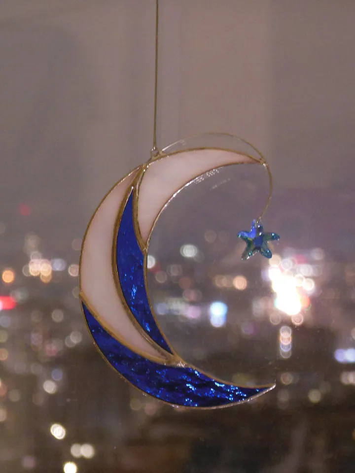 Moon with Shooting Star Swarovski Сrystal . Stained glass window hanging Suncatcher , idea for anniversary , birthday and Christmas gift