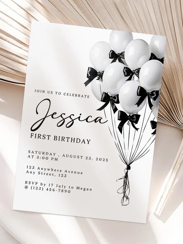 Editable Black & White Bow Balloon Birthday Invitation - Custom Canva Template, First Birthday Party Invite - WB211