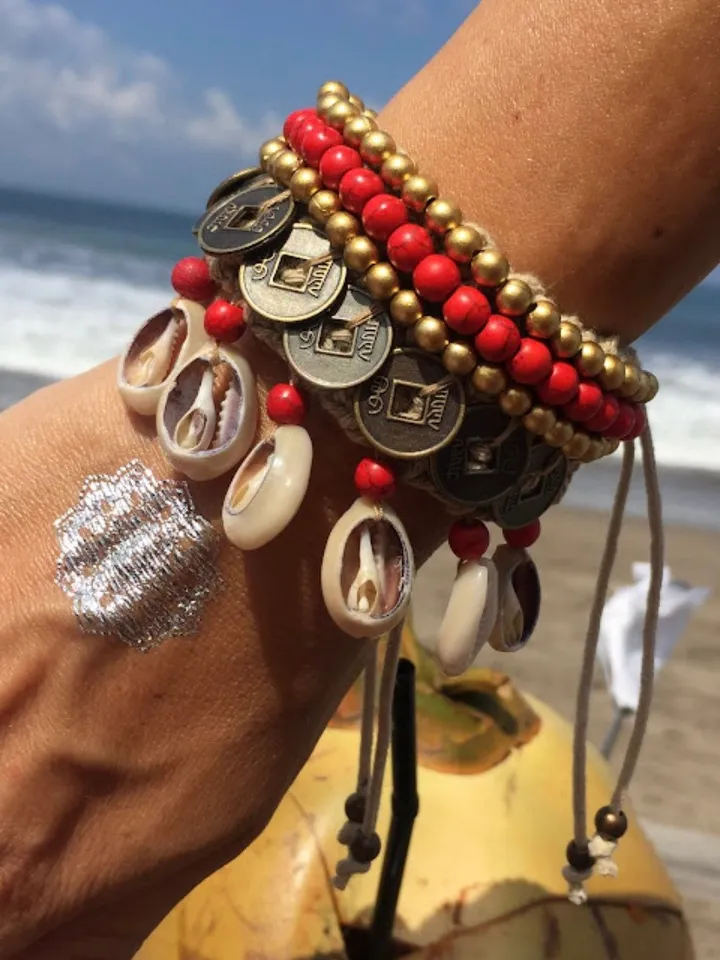 Crochet macrame red bracelet | Boho Jewerly | Hippie Coachella Necklace hippie | Woman Bali Tropical Shell Coins Necklace Handmade Gypsy