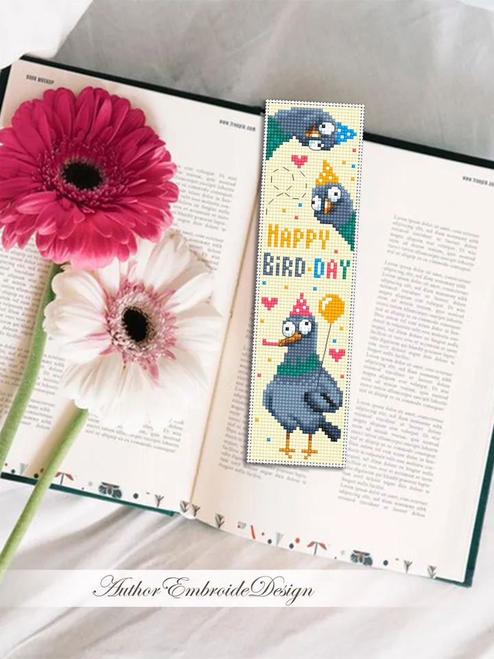 Birthday bookmark cross stitch pattern PDF download Pigeon cross stitch chart, Bookmark pattern digital PDF for beginners, Funny birds #B459