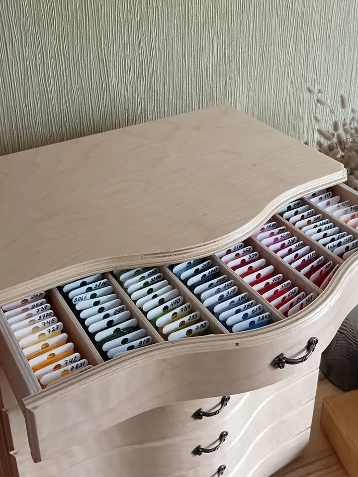 Floss storage cabinet for DMC floss bobbins and skeins, Stitching drawer box with curved faces in vintage style