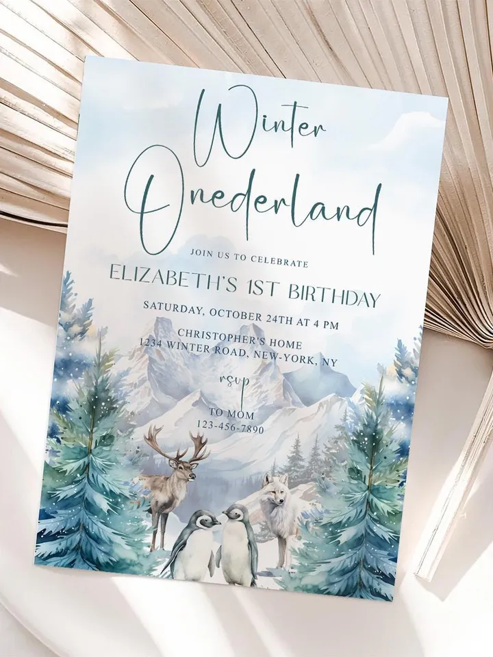 Winter Onederland Invitation | Wonderland Boy Girl First 1st Birthday Party Invite | Deer Arctic Animals Woodland Forest - I124