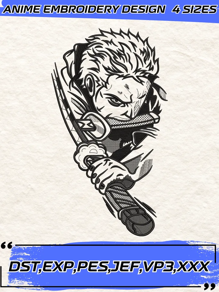 Sketch Zoro Sword Style Embroidery Design,One Piece Anime Embroidery Design,4 sizes, Instant Download