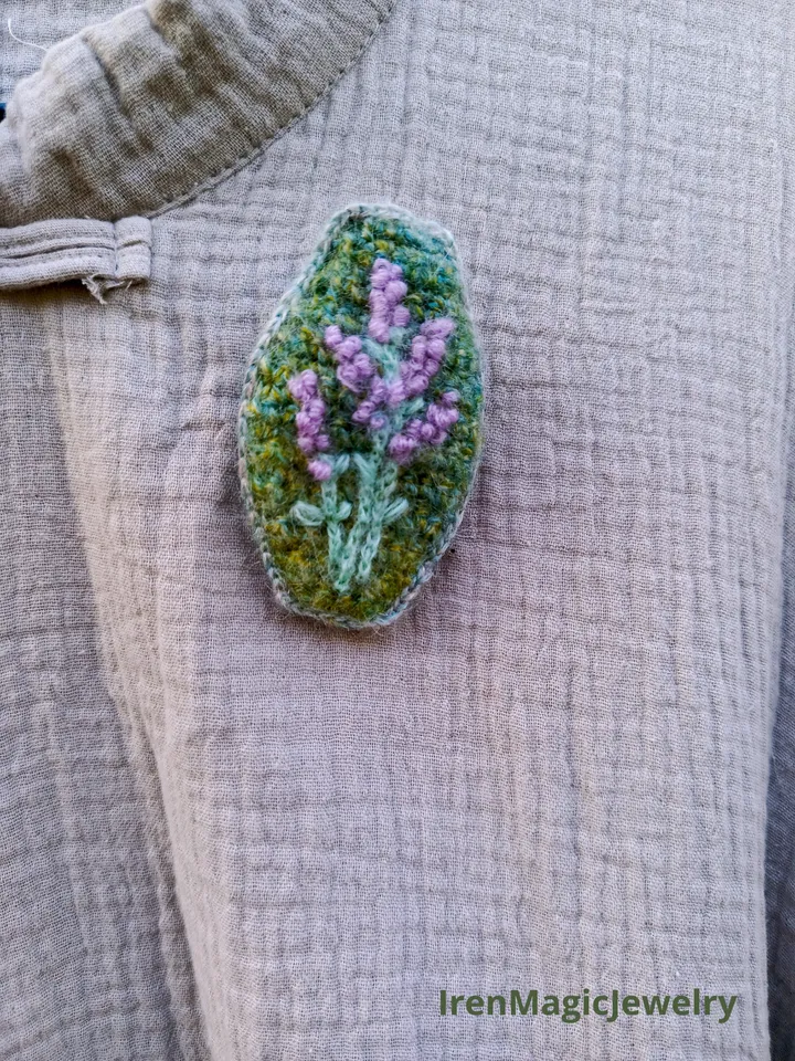 Crocheted Lavender Brooch with Hand Embroidery