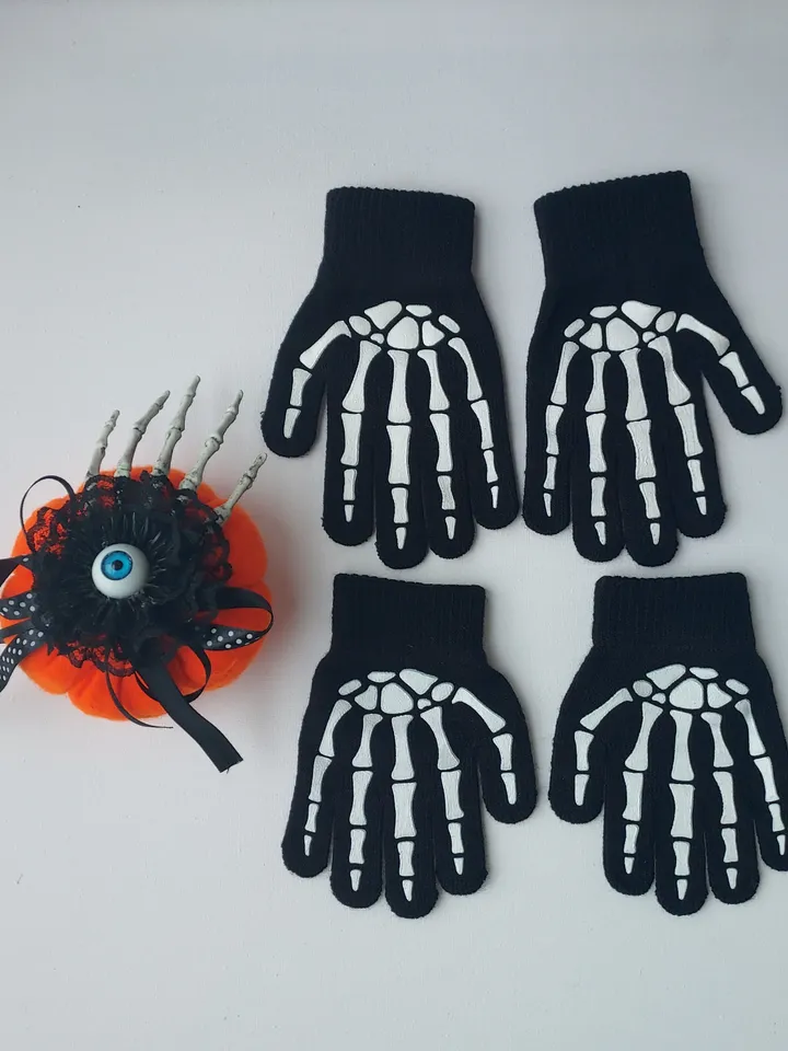 Halloween skeleton gloves for kids, Skeleton costume, Glow in de dark, Teenager finger gloves