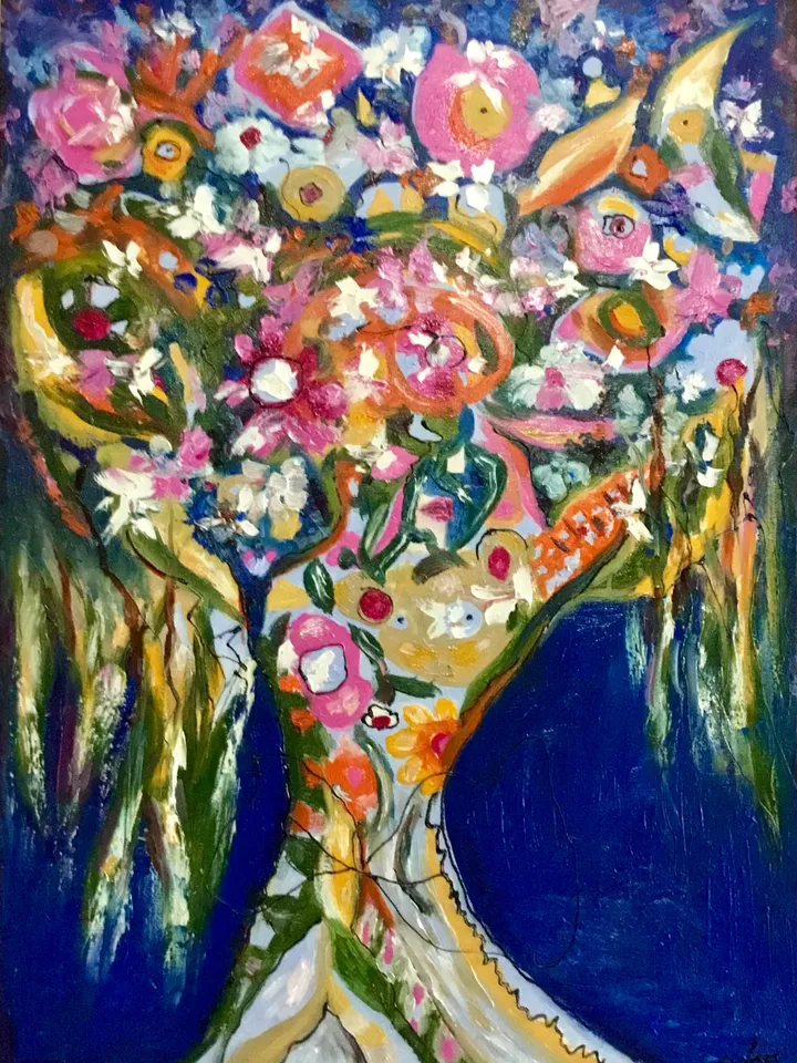 Del fondo de mi corazon, original oil mix media painting on large canvas,fantasy flowers painting,colourful wall hanging,unique gift.