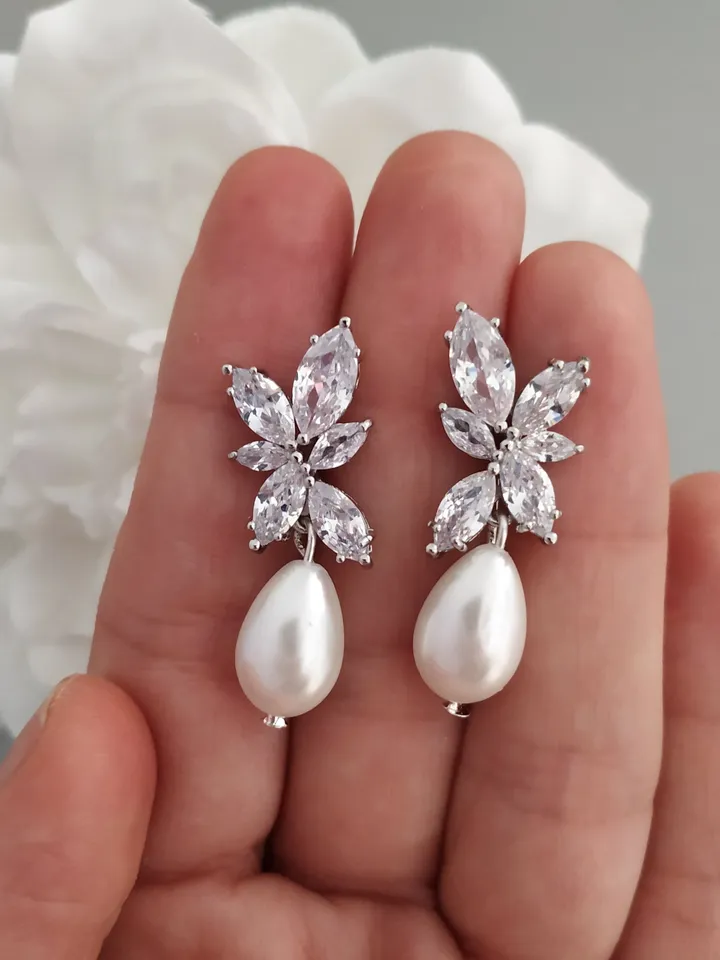 Swarovski Crystal Wedding Earrings, Pearl Bridal Earrings, Rose Gold Wedding Earrings, Vintage Style CZ Wedding Jewelry For Bride Gift