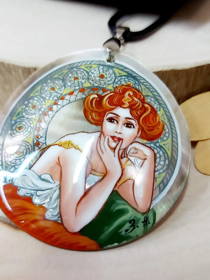 Pendant Alphonse Mucha Dream. Mother-of-pearl Hand-painted Russian jewelry magic of painting fine art jewelry Art gift Fedoskino Collectible