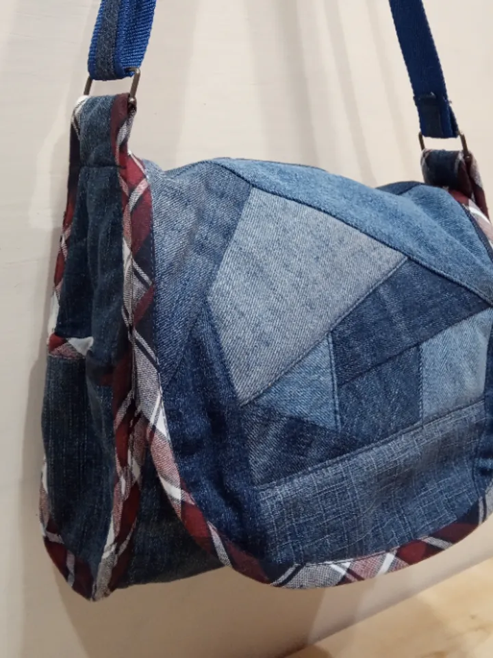 Shoulder denim handbag . Handmade bag, recycled jeans bag, crossbody bag with a crazy pechwork flap