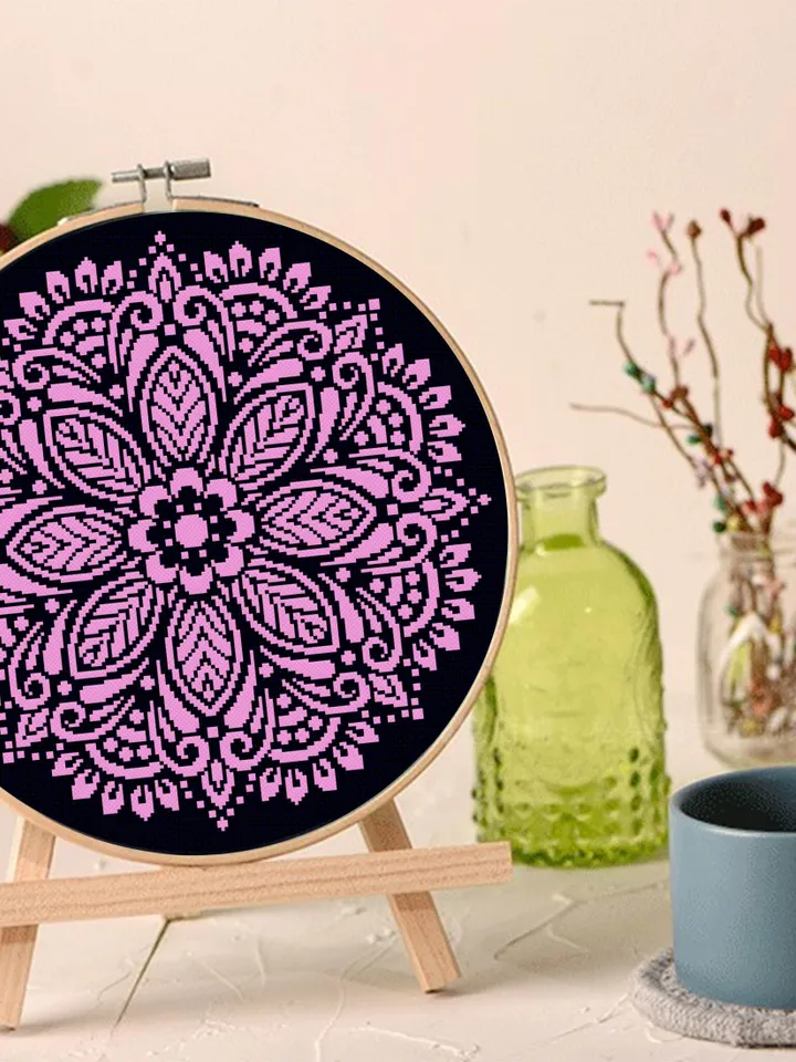 Mandala cross stitch pattern download PDF, Monochrome cross stitch sampler, Floral ornament cross stitch chart, Flowers embroidery PDF #M118