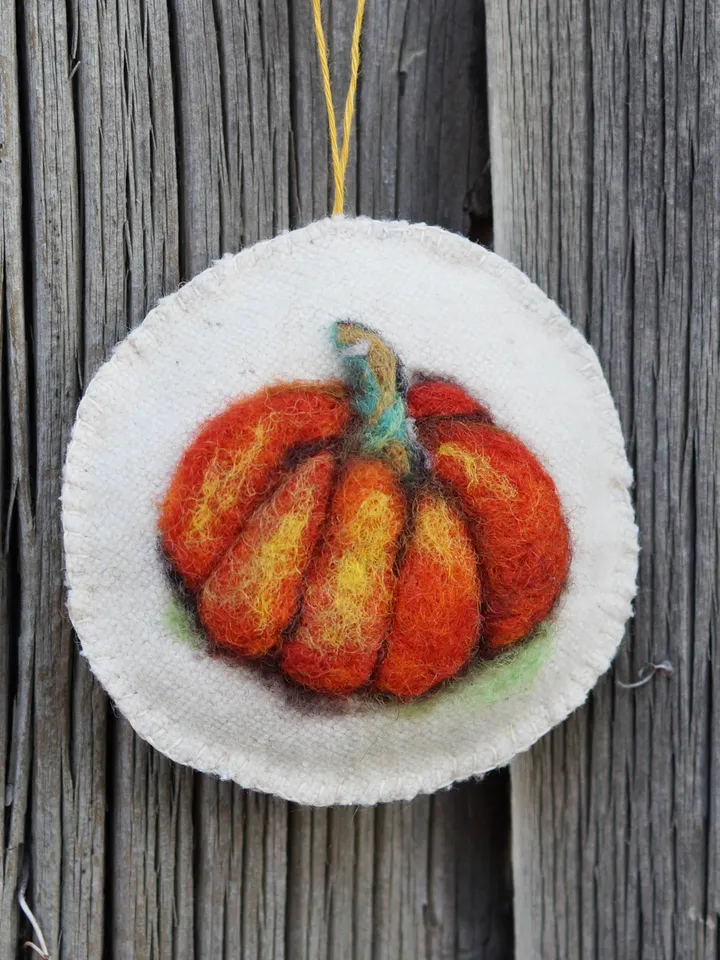 Needle felted pumpkin ornament, wool ornament, orange pumpkin, fall decor, ready to ship from the USA