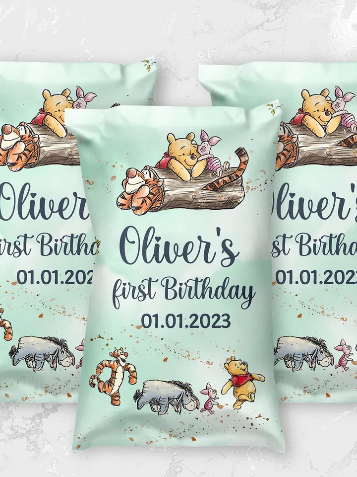 Editable Chips Label Hundred Acre Wood First Birthday party chips label; Winnie the Pooh Party; Classic Pooh Party Birthday ; wp5