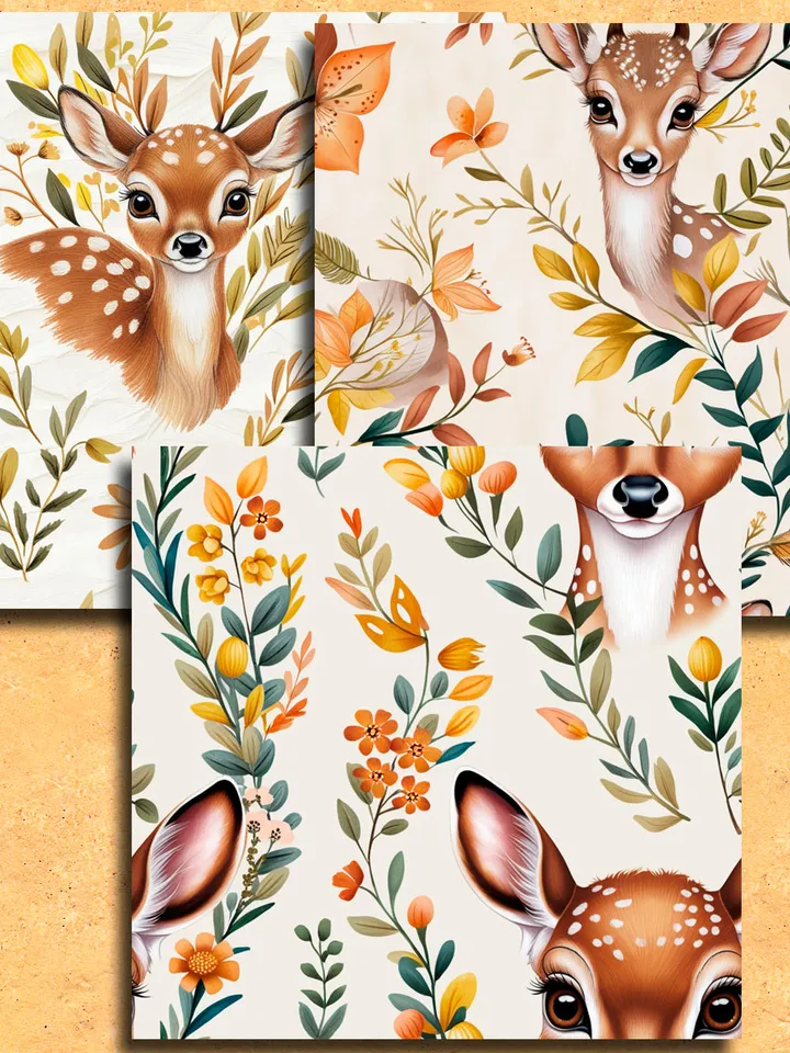 Seamless patterns with cute deer 14 pieces. Unlimited commercial use digital print files. Instant download.