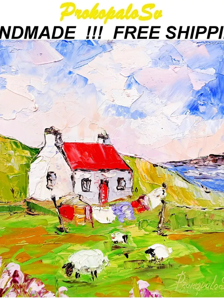 Ireland Painting Sheep Original Art Irish Landscape Oil Painting Farm Small Artwork Gift 8x8 in by ArtProkopaloSv