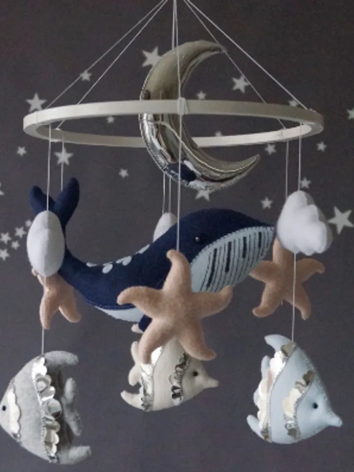 Whale mobile for ocean nursery, Blue whale with fish and Crescent moon, Ocean decor made of handmade felt