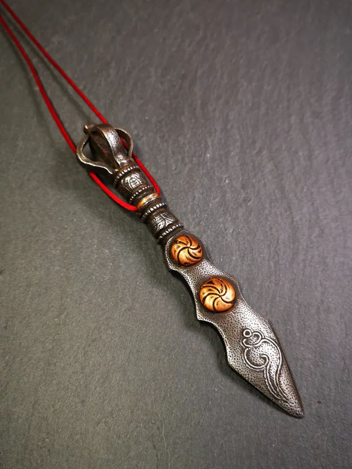 Gandhanra Handmade Tibetan Buddhist Ritual Implement - Kila -Dorje Phurba,Manjusri Sword,Made of Cold Iron inlaid with Copper,5.1"