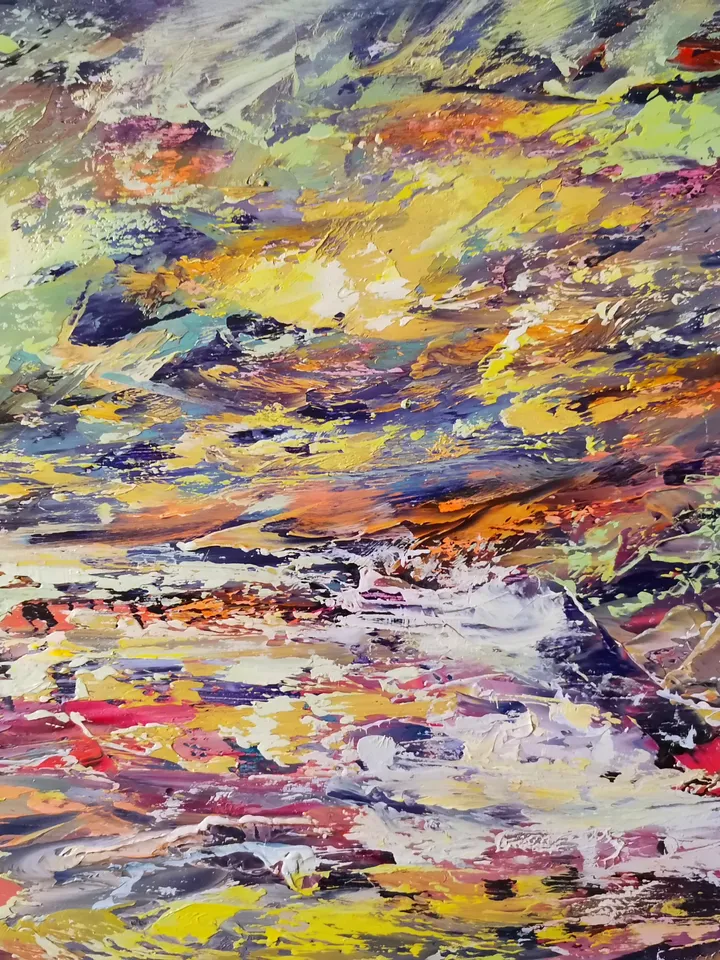 Stream River Mountains Original Oil Painting Borealis Aurora Artist Svinar Oksana