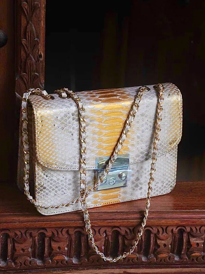 Genuine python skin crossbody gold classy bag| designer women leather handbag | snakeprint bag | crossbody purse | gift for her