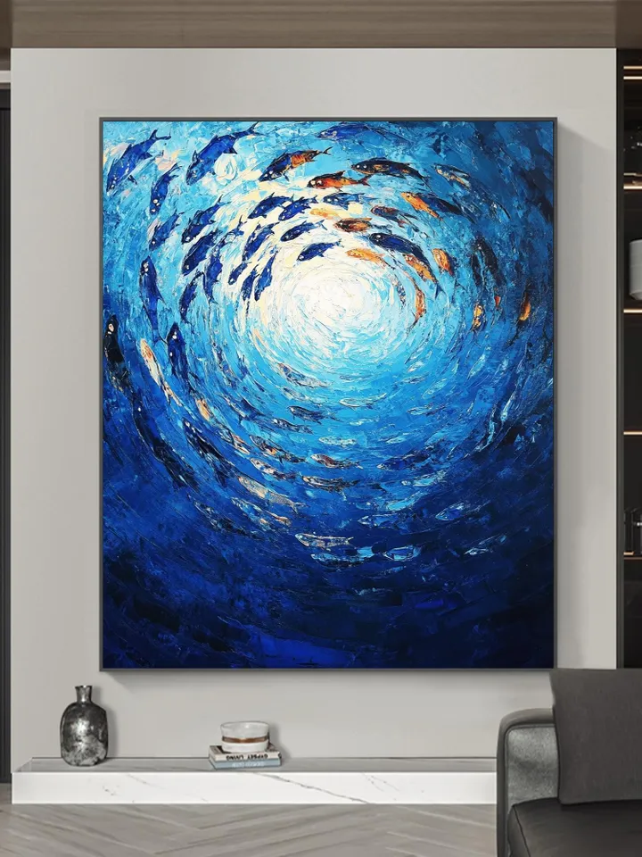 Ocean Painting, School of Fish Art, Impasto Fish Artwork, Blue Ocean Art, Underwater Scene, Textured Wall Art, Original Painting, Home Decor