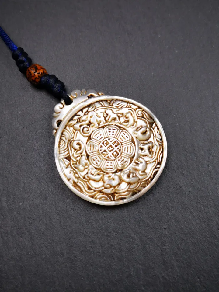 Antique Tibetan Buddhist Calendar Badge,Shell Carved Sipaho - Melong Mirror - Astrology Amulet Pendant - Protection & Feng Shui Decor