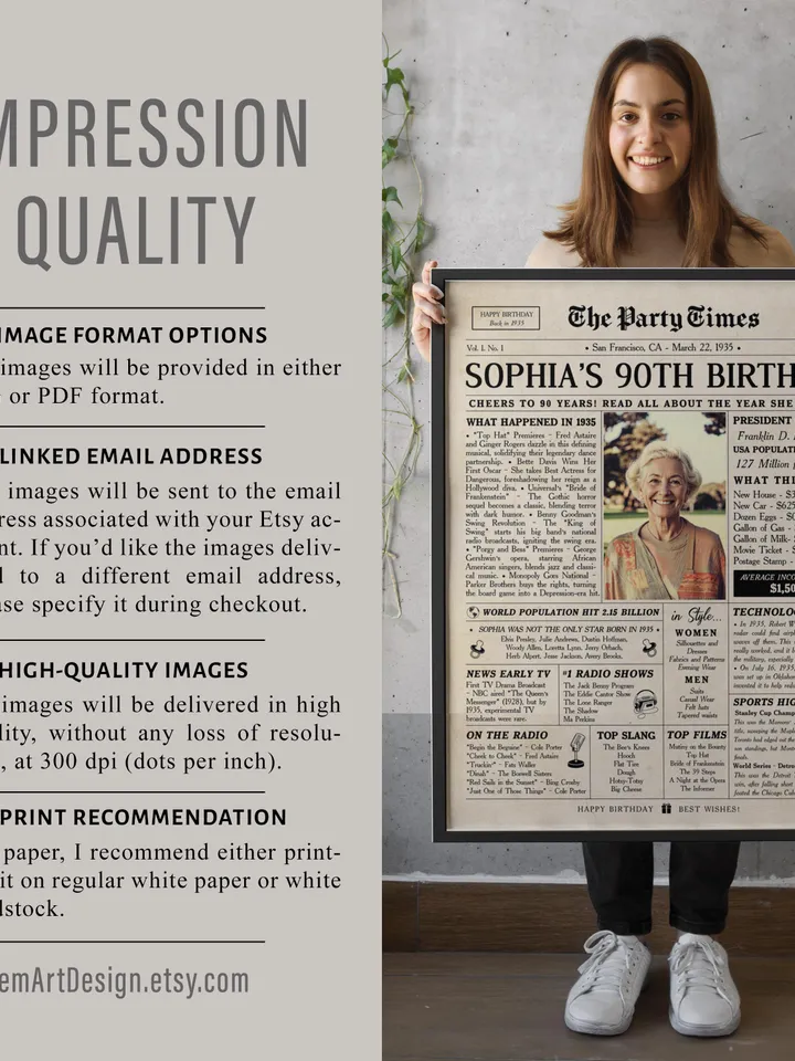 90th birthday newspaper poster for women born in 1935 back in 1935 printable sign personalized 90th birthday gift vintage style decor