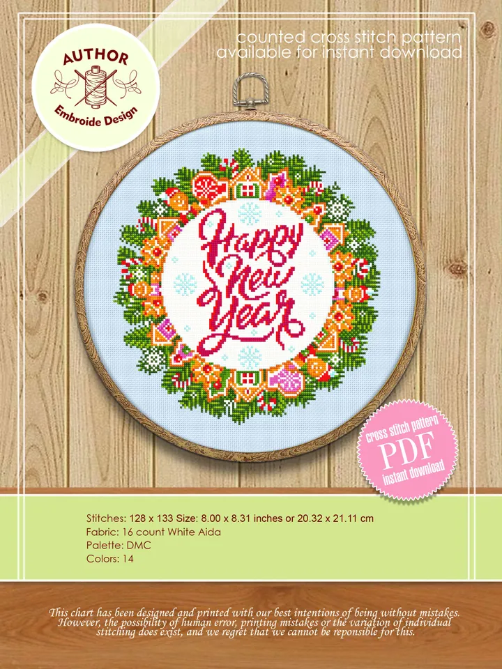 Christmas wreath cross stitch pattern download PDF Winter holiday cross stitch chart Christmas pattern digital Happy new year stitch #N24
