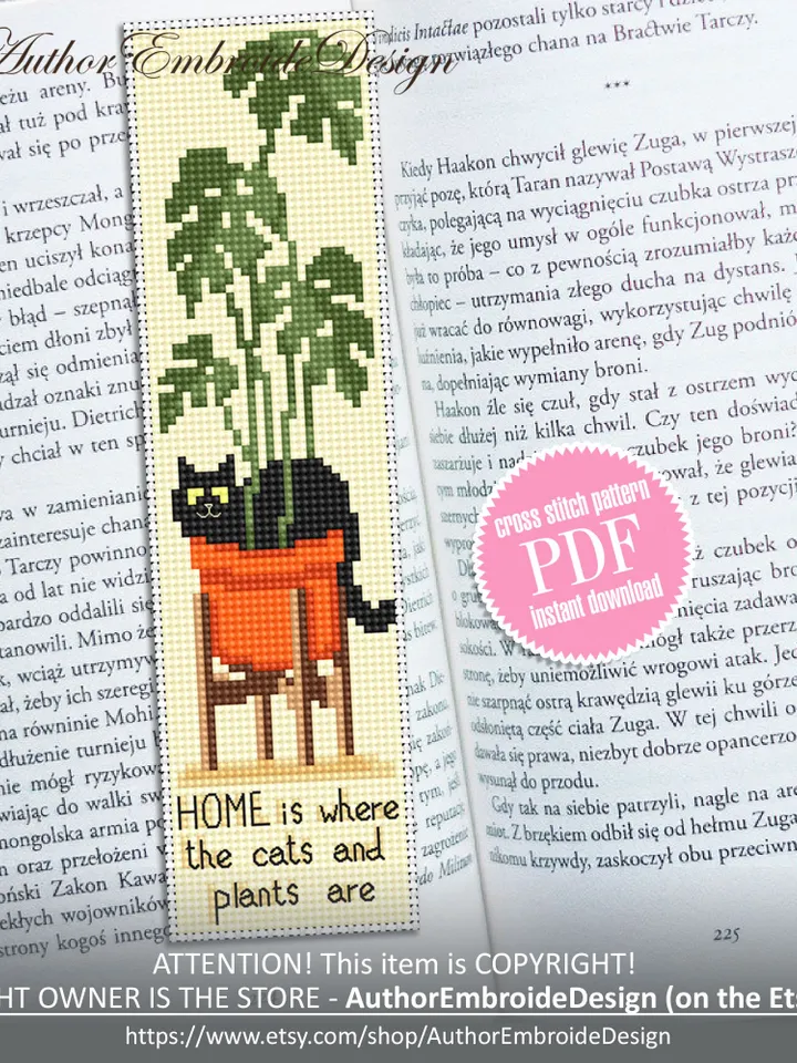 Cat bookmark cross stitch pattern download PDF Black cat cross stitch chart, Bookmark digital pattern PDF, Monstera, Home sweet home #B321
