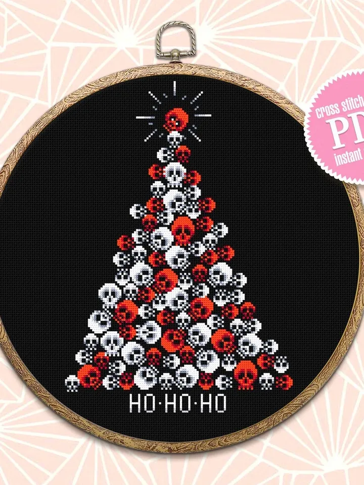 Horror Christmas tree cross stitch pattern download PDF Spooky Christmas pattern digital Gothic embroidery PDF Skull stitch Horror gift #N54