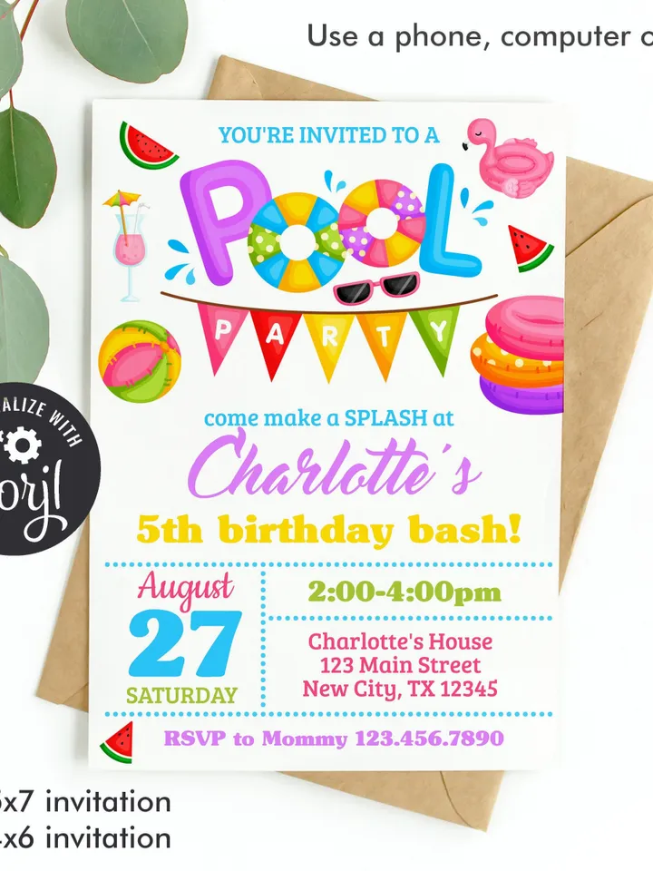Pool Party Invitation Girl, Pool Party Birthday Invitation Instant Download, Swimming Party Invite, Editable Template