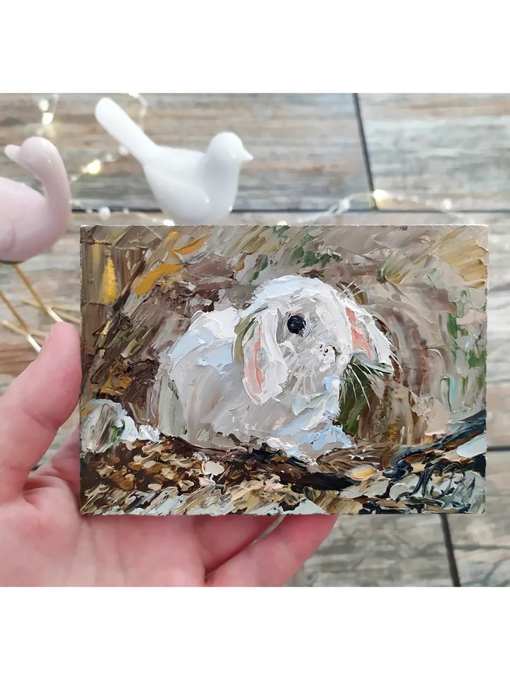 Rabbit Painting Bunny original art 3.5 by 5 in white rabbit wall art impasto artwork oil painting by Natalia Plotnikova