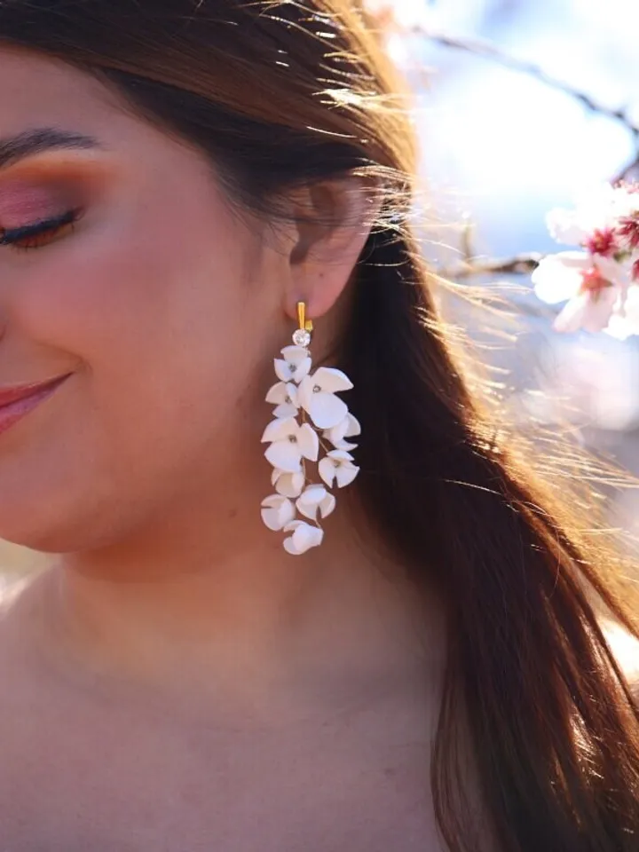 Boho Wedding Earrings for brides, Delicate Porcelain Flowers Bridal Earrings, Gold Wedding Earrings, Swarovski Crystal Wedding Earrings,