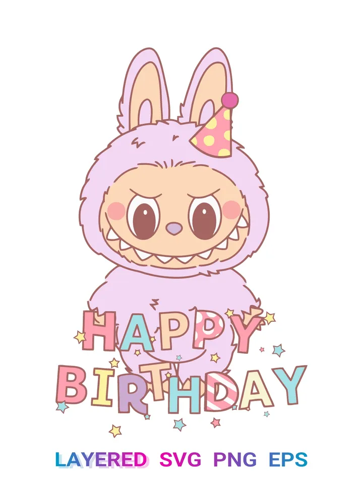 Labubu Birthday PNG SVG, Happy Birthday Kawaii Clipart