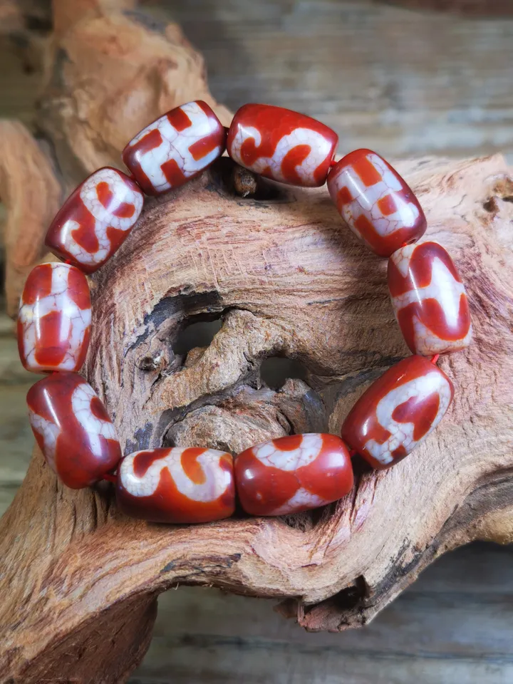 Gandhanra Old Tibetan Dzi Bead Bracelet, Fire Agate Beads Bracelet,Mixed Swastika,Vase,Lotus,Tiger Tooth,and Phum Dzi Beads