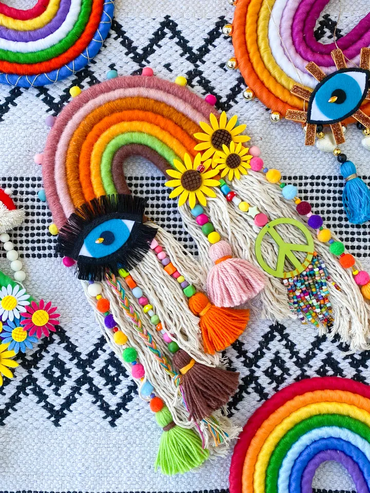 Hippie room decor, Macrame rainbow wall hanging with evil eye and peace sign, Boho home decor