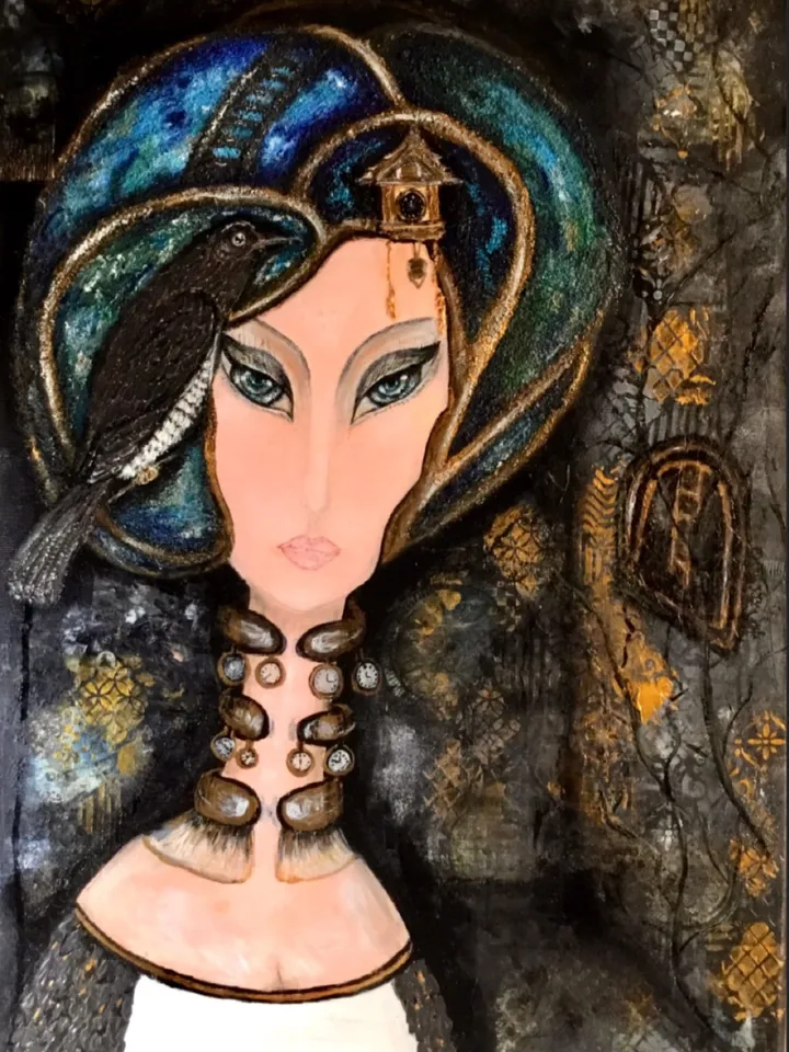 Woman portrait painting,Fantasy portrait of a woman with watches and magpie,collage background,acrylic on stretched canvas.