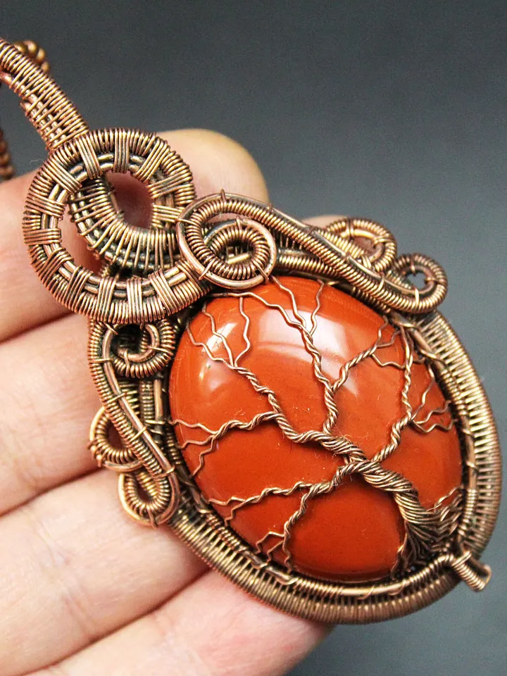 Pendant Tree of Life made of copper wire and natural stone Jasper.