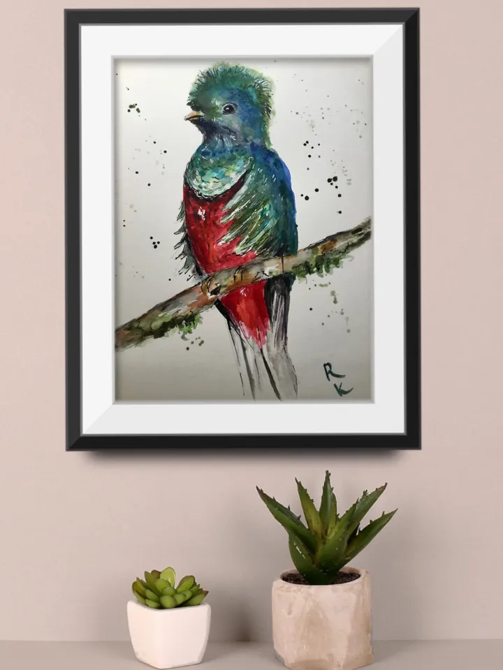 Quetzal bird original watercolour painting,exotic birds painting,watercolor birds wall art,small painting gift,original birds painting.