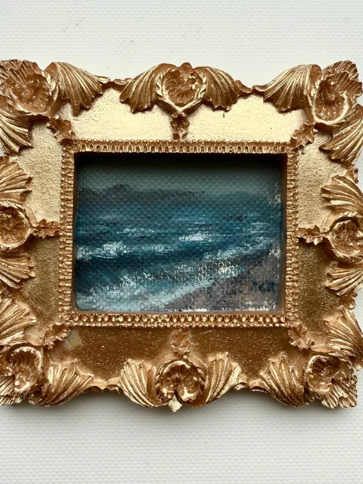 Small Landscape Oil Painting Framed Original Foggy Coast Painting Antique Ocean Art Gold Frame Tiny Paintings 3 x 4 Wave Art